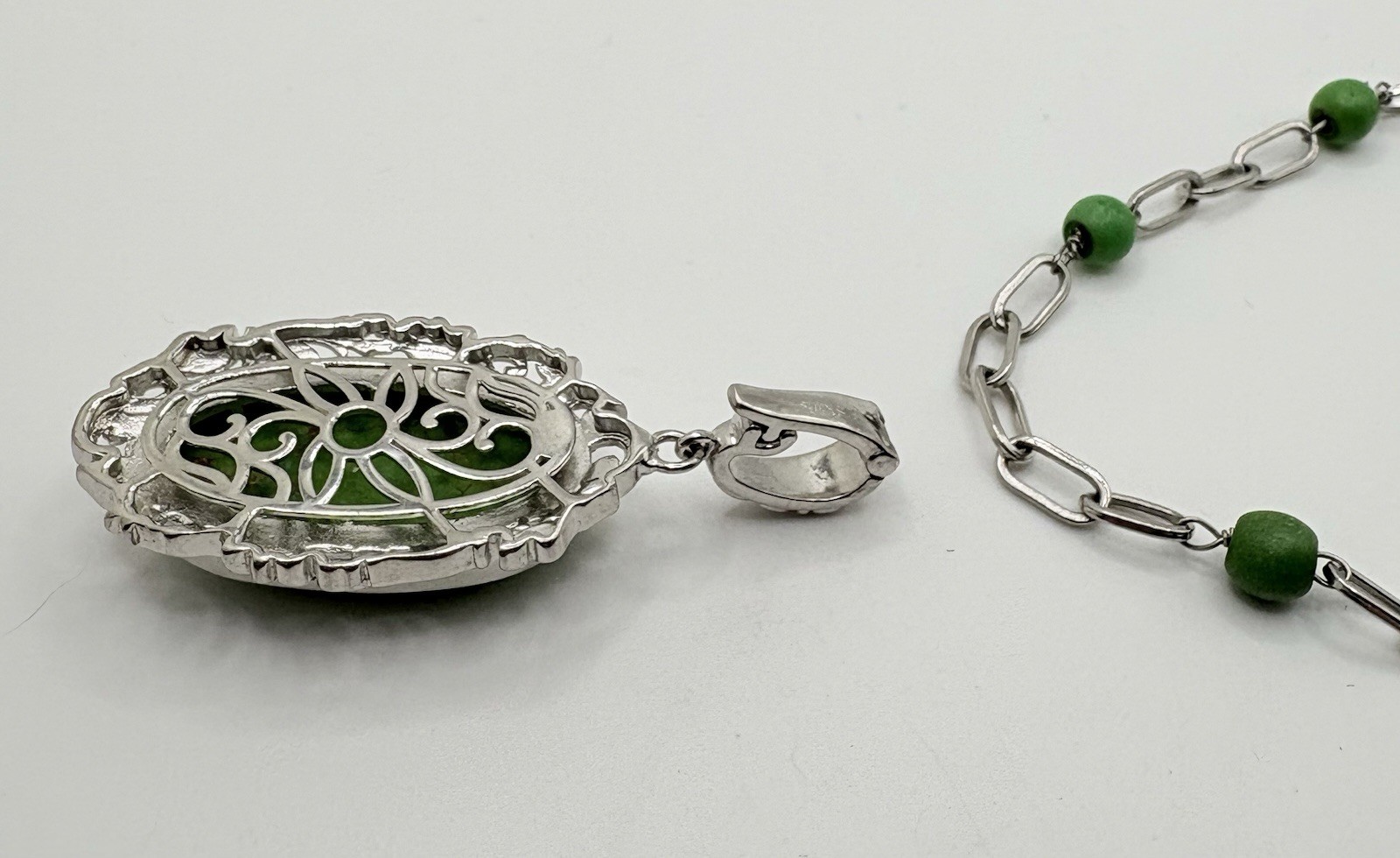 Mojave Green Turquoise Pendant Necklace Bead Station Paperclip Chain 18-20 in