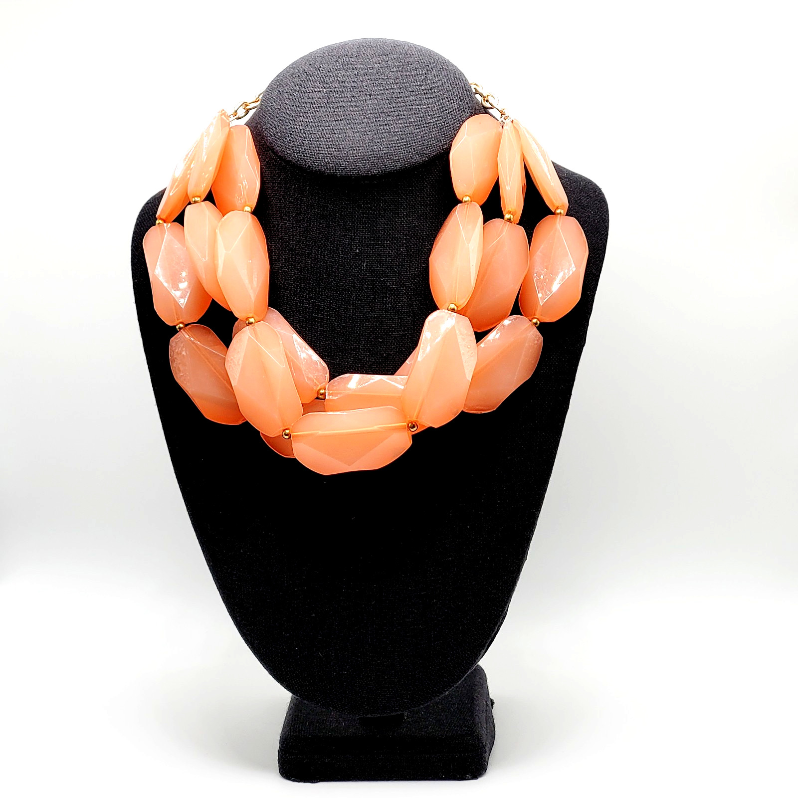 Glamourous Melon Peach Orange Shade Lucite Triple Strand Beaded Necklace 21 Inch