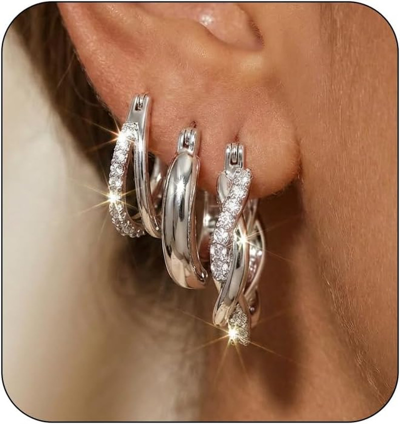 3 Pairs 925 Sterling Silver Post Hoop Earrings for Women Hypoallergenic Small Sl