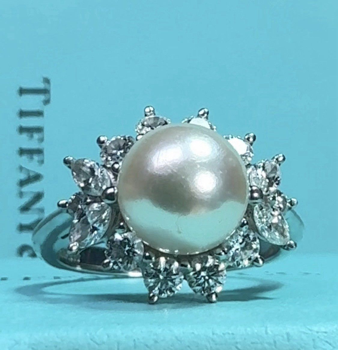 $9,450 TIFFANY & CO. VICTORIA 8MM PEARL AKOYA DIAMOND PLATINUM RING BAND SIZE 6