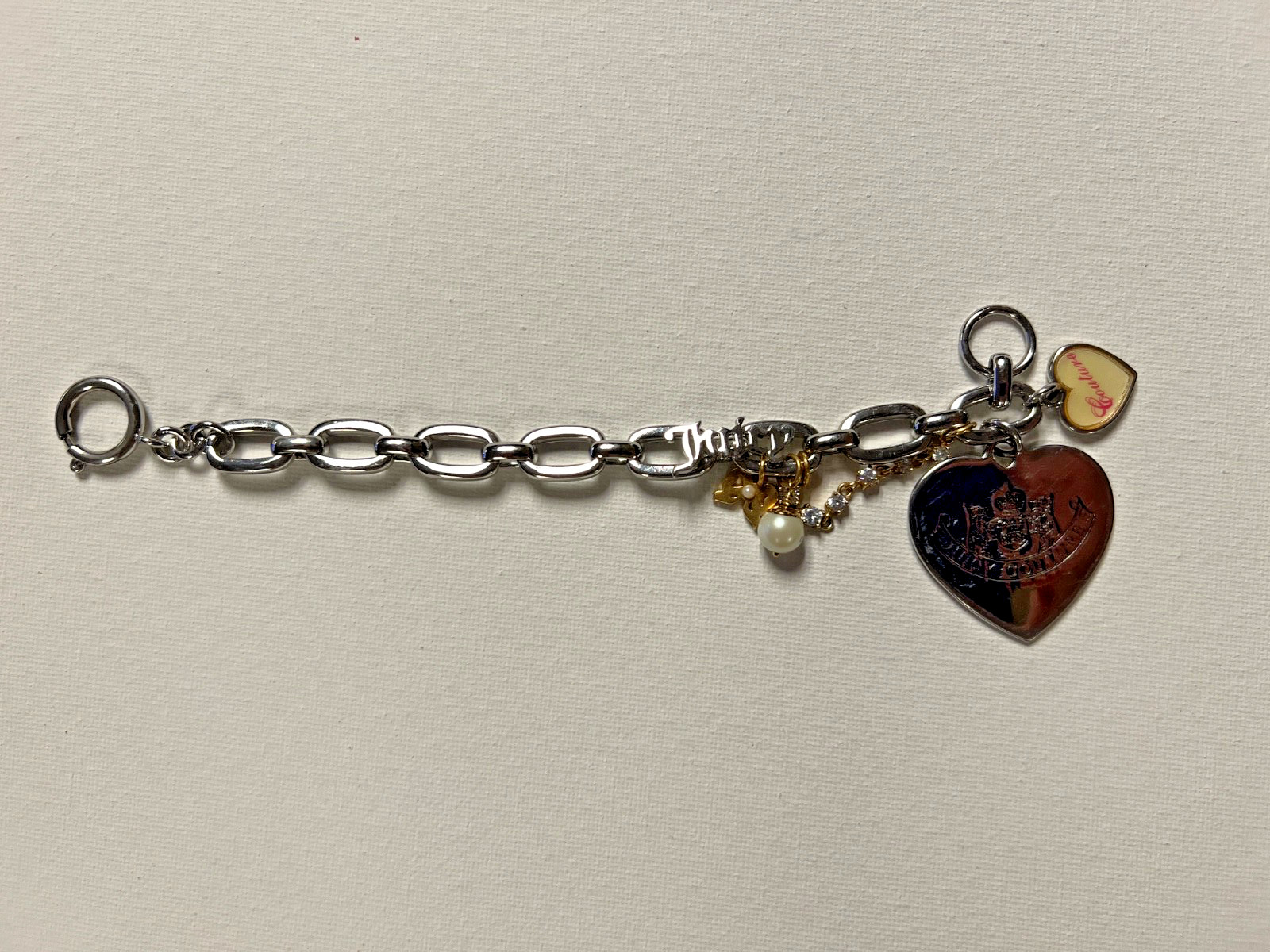 Y2K Juicy Couture LET THEM EAT COUTURE Heart Pearl Charm Bracelet Silver Tone