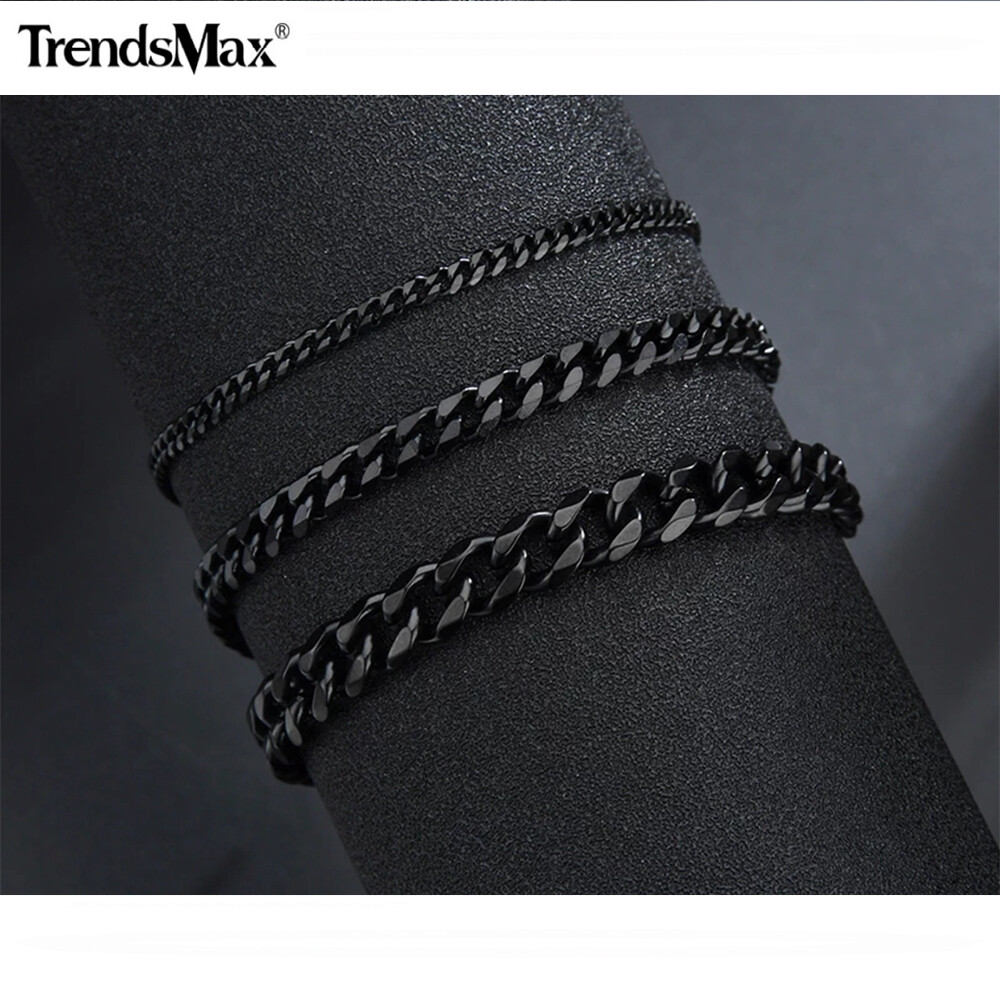 3/5/7mm 10″ Black Stainless Steel Cuban Curb Link Chain Anklet Bracelet HOT SALE