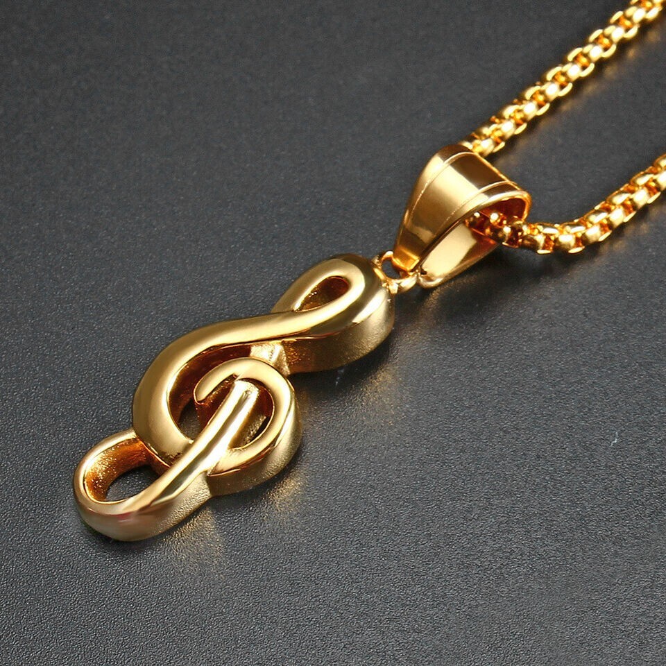 Gold Music Note G Treble Clef Pendant Necklace with Chain 24″ Mens Womens