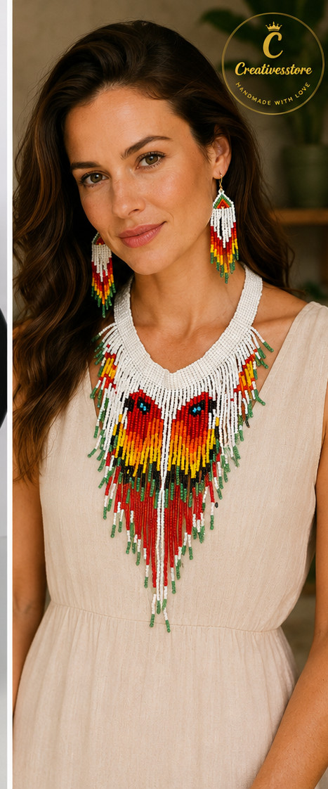 African Inspired Beaded Necklace Set, Handmade Seed Bead Jewelry, Boho Festival.