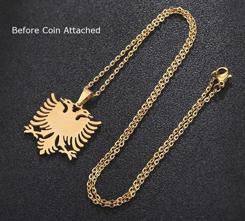 ALBANIA COAT OF ARMS Necklace – Gold Double Eagle – Domed Turquoise Emblem