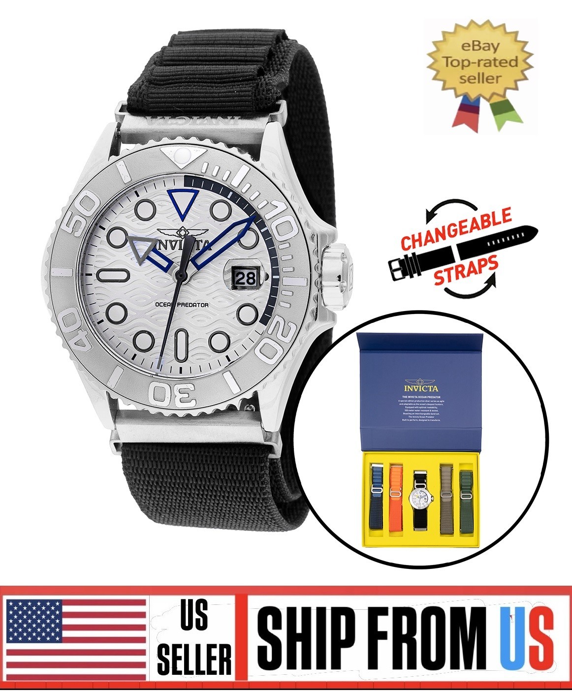 Invicta Ocean Predator Men 44mm 5 Color Interchangeable Strap Watch NIB