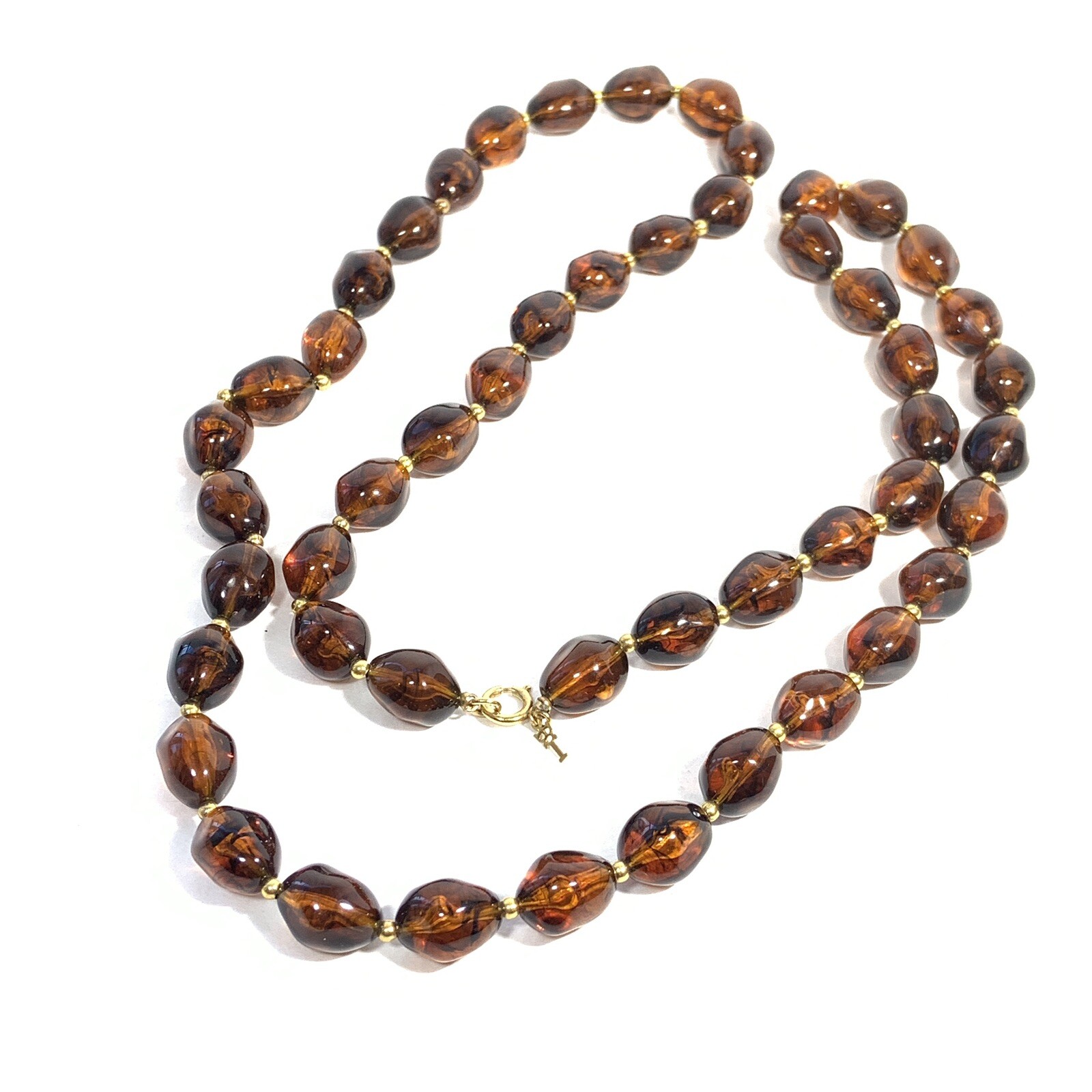 VTG Crown Trifari Lucite Amber Swirl Bead Necklace Oval Nuggets Gold Tone 36″