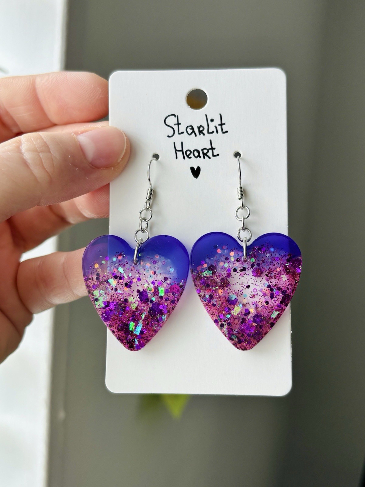 Starlit Heart Resin Heart Earrings Handmade Purple Pink Glitter Galaxy