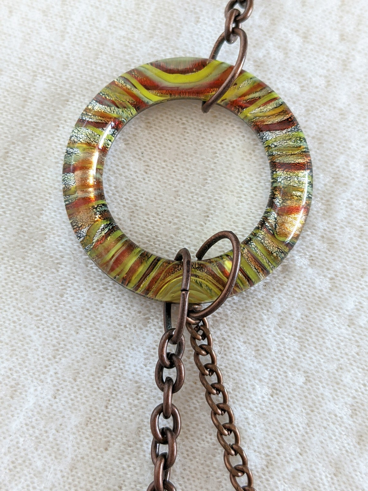 Copper Tone Multi Chain & Colorful Striped Art Glass Circle Beaded 29″ Necklace