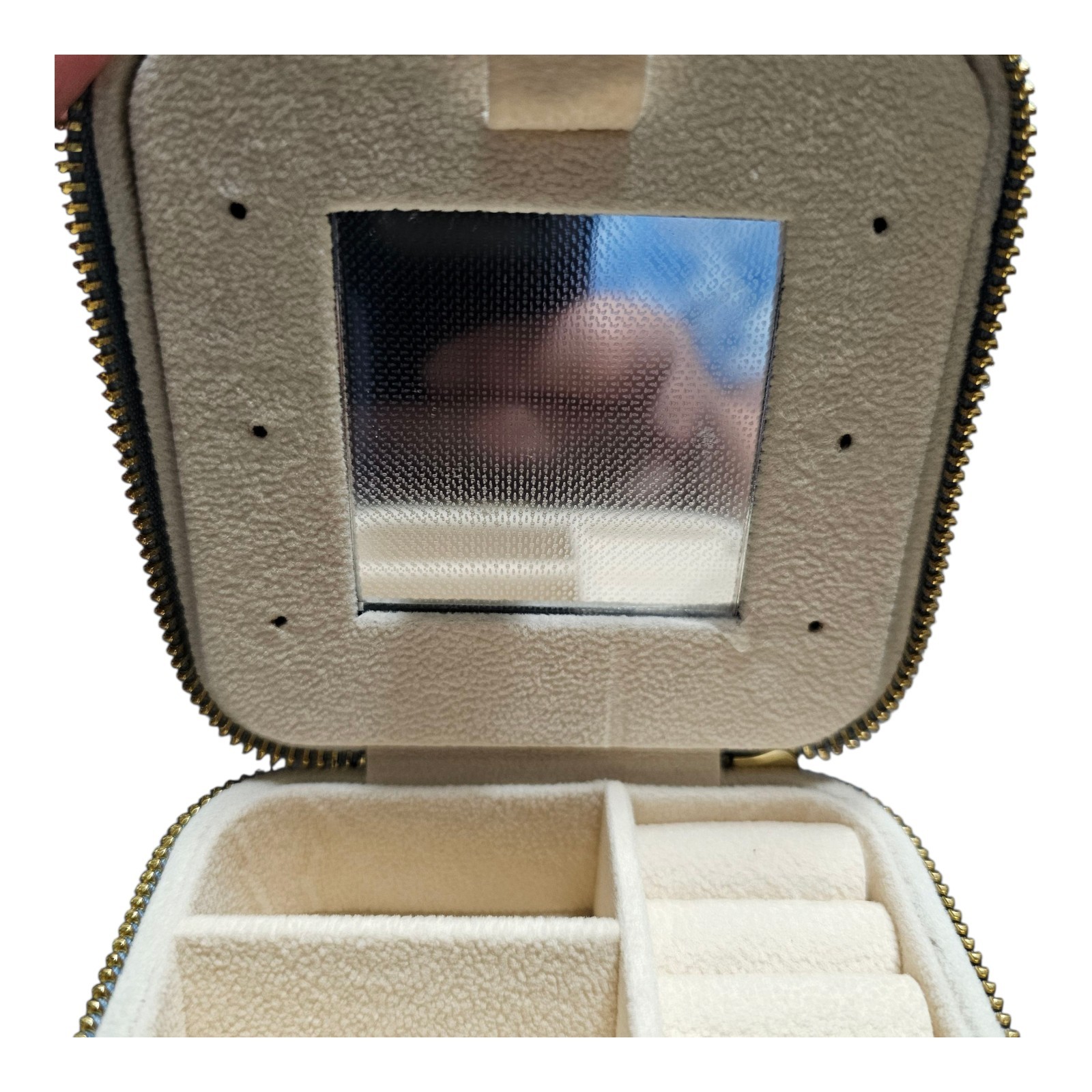 Sashka Jewelry Box Travel Organizer Plush Velvet Blue Mirror Zipper 4″ x 4″ x 2″