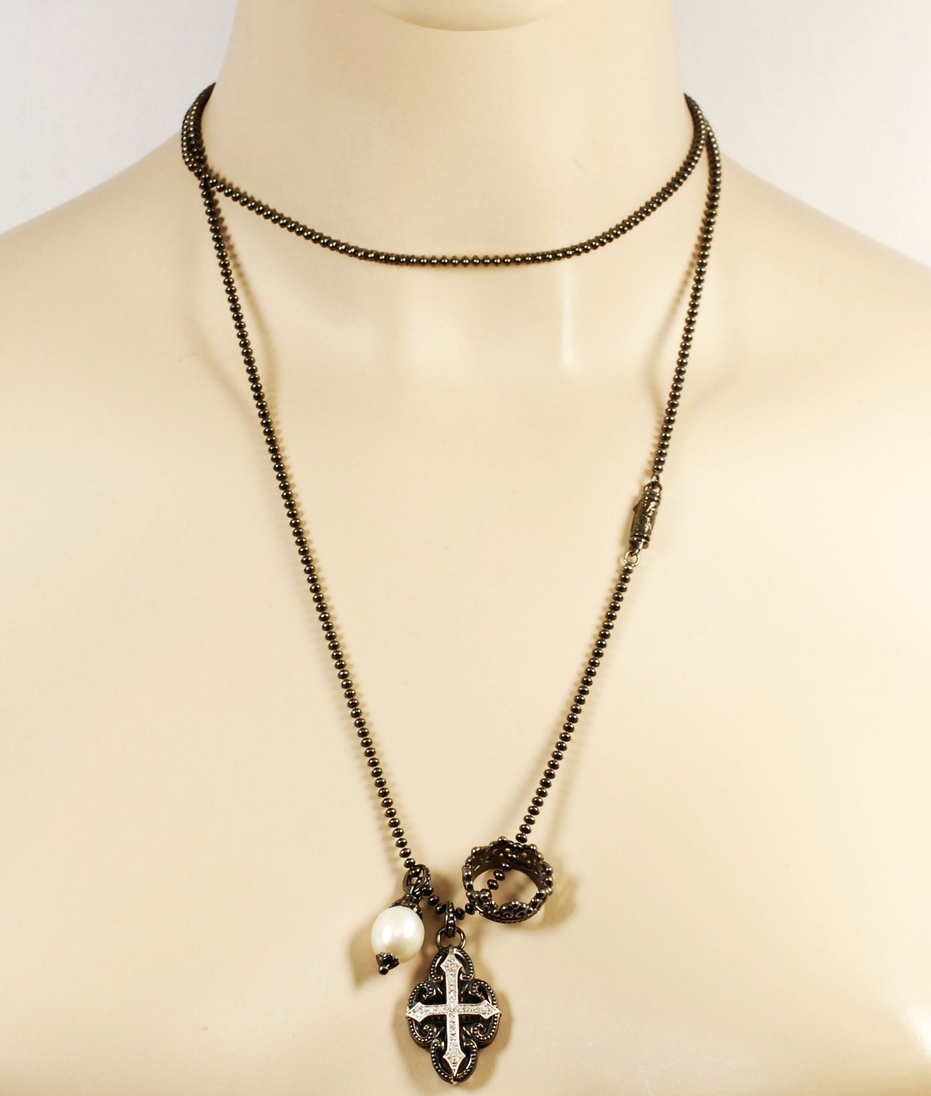 $750 Scott Kay Ruthenium Ball Chain Pearl Cross Charm Necklace Women Lady Gift