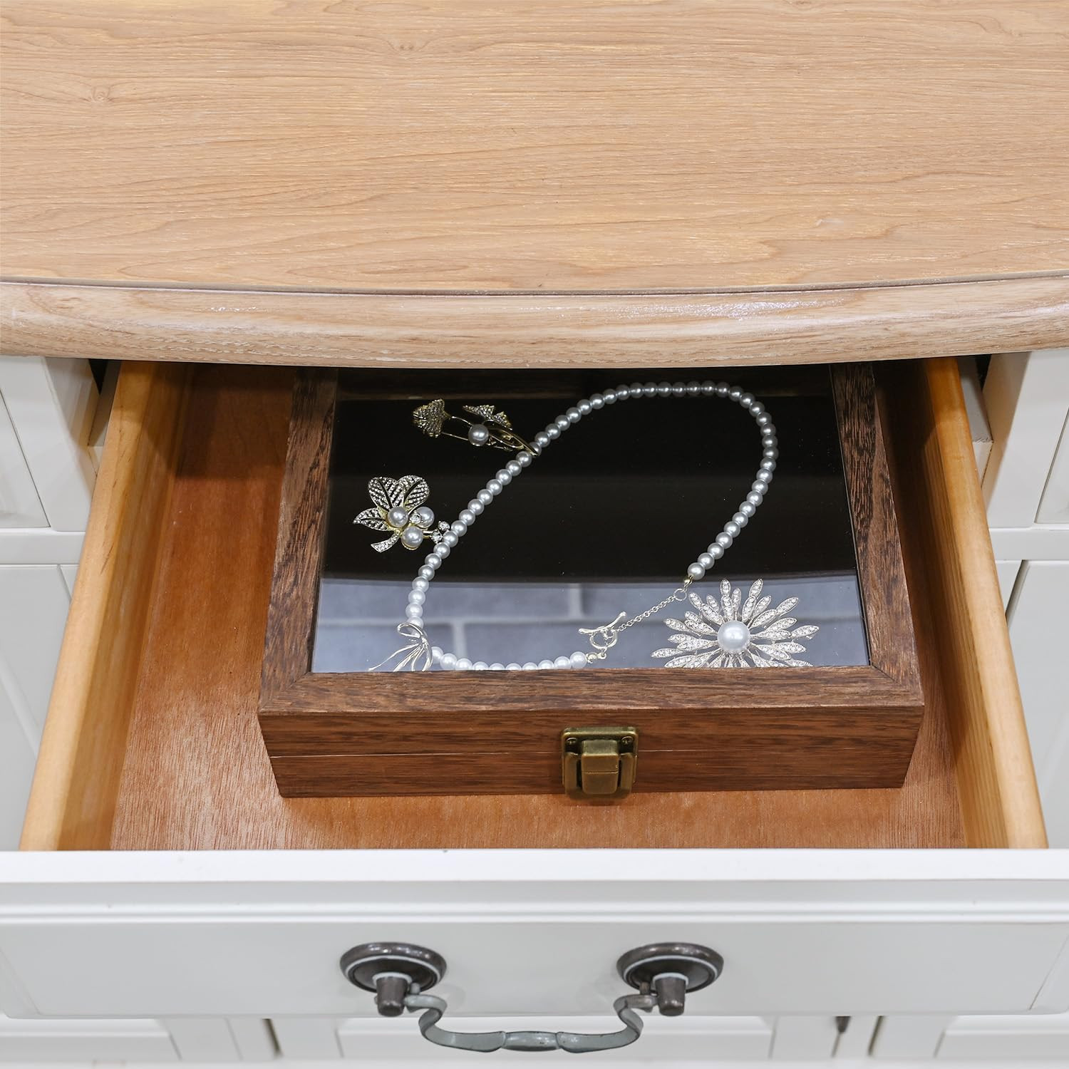 MOOCA Tempered-Glass Top Small Wooden Jewelry Display Case with Removable Black