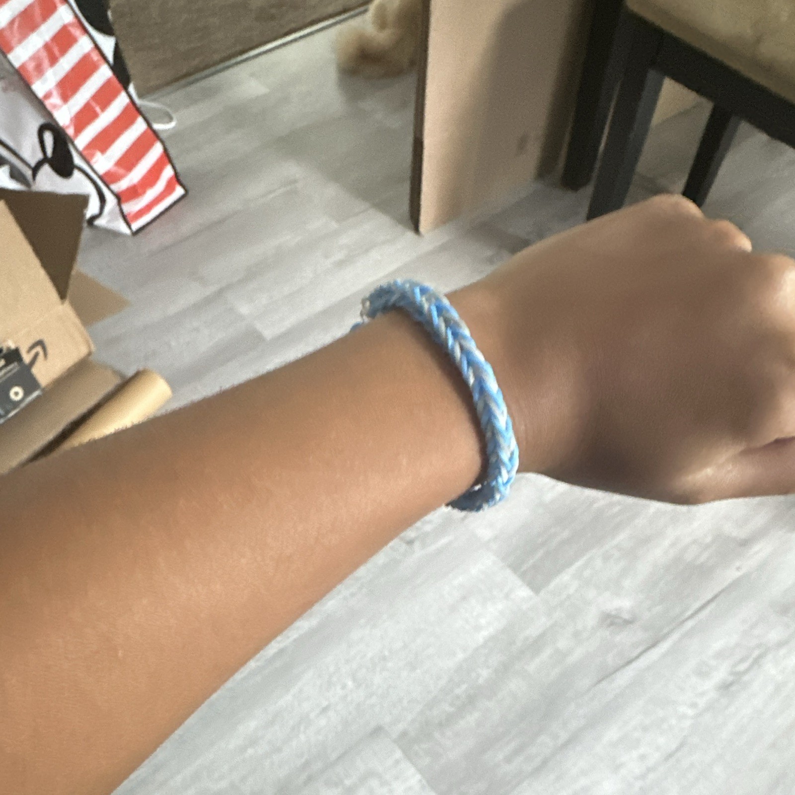 Blue & White Braided Rubber Bracelet with Hook Closure No Stone
