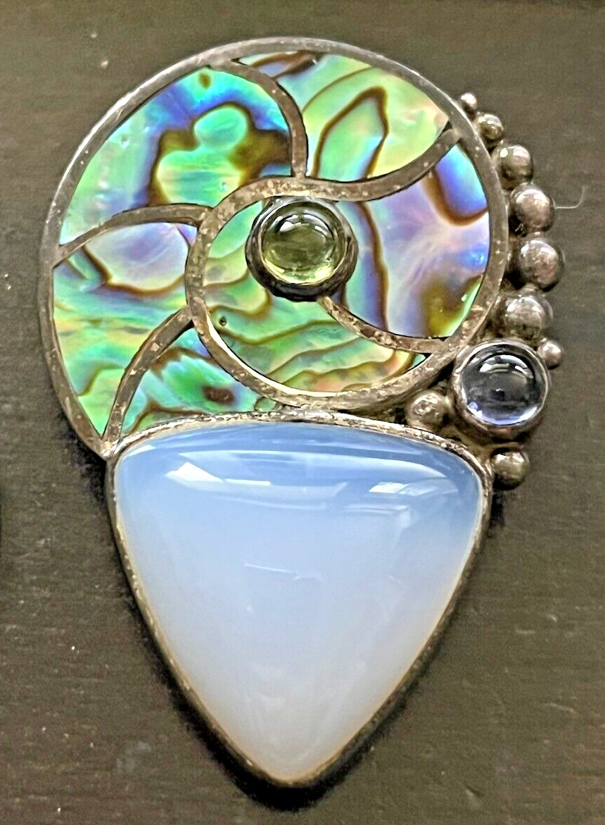 Vintage Sajen Sterling Silver MOP and Moonstone Brooch Pin or Pendant