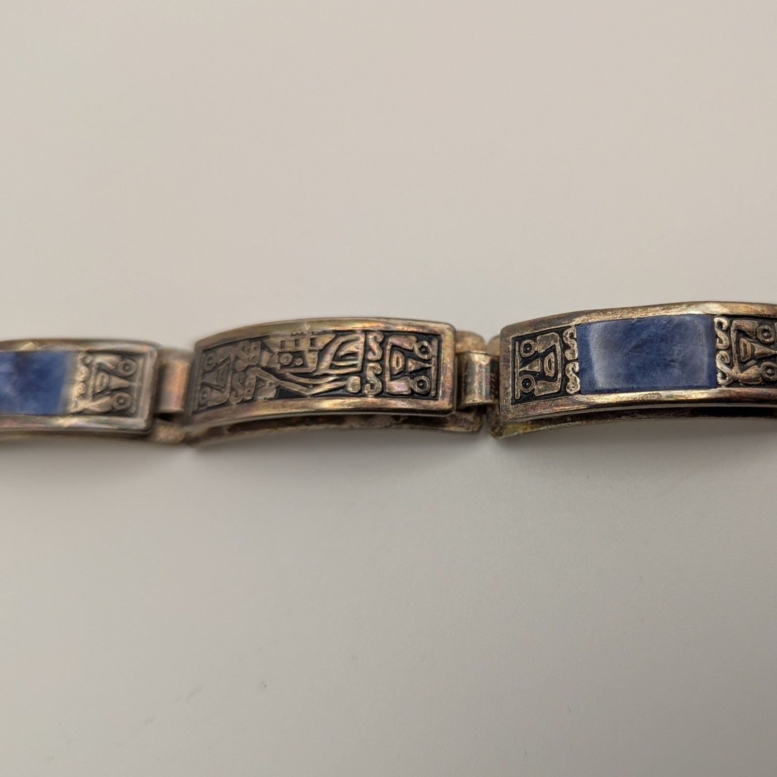 Vintage Peru 950 Silver Sodalite Link Bracelet Pre-Columbian Inca Relief 7 Inch
