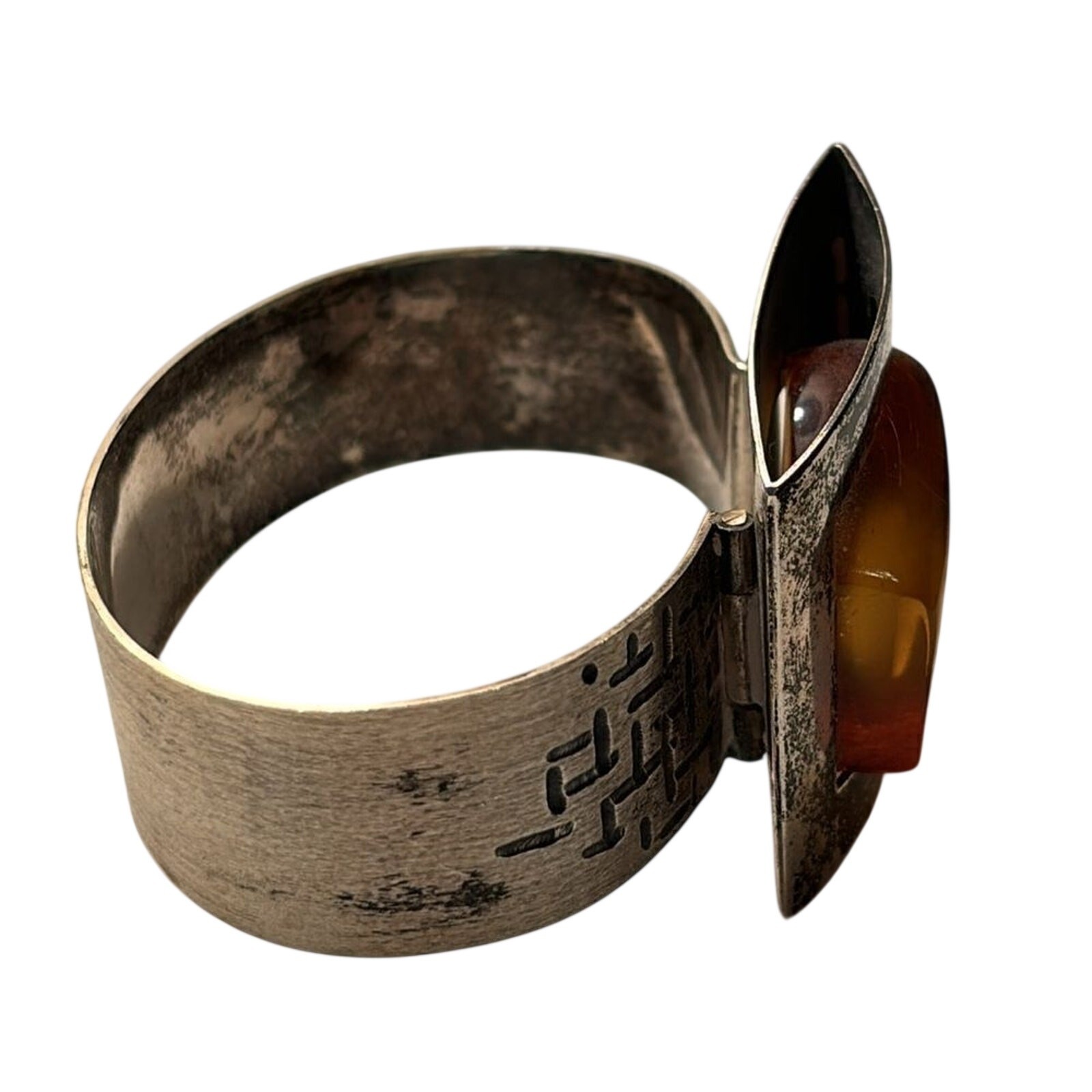 Vintage Sterling Silver Baltic Amber Brutalist Hinged Cuff Bracelet