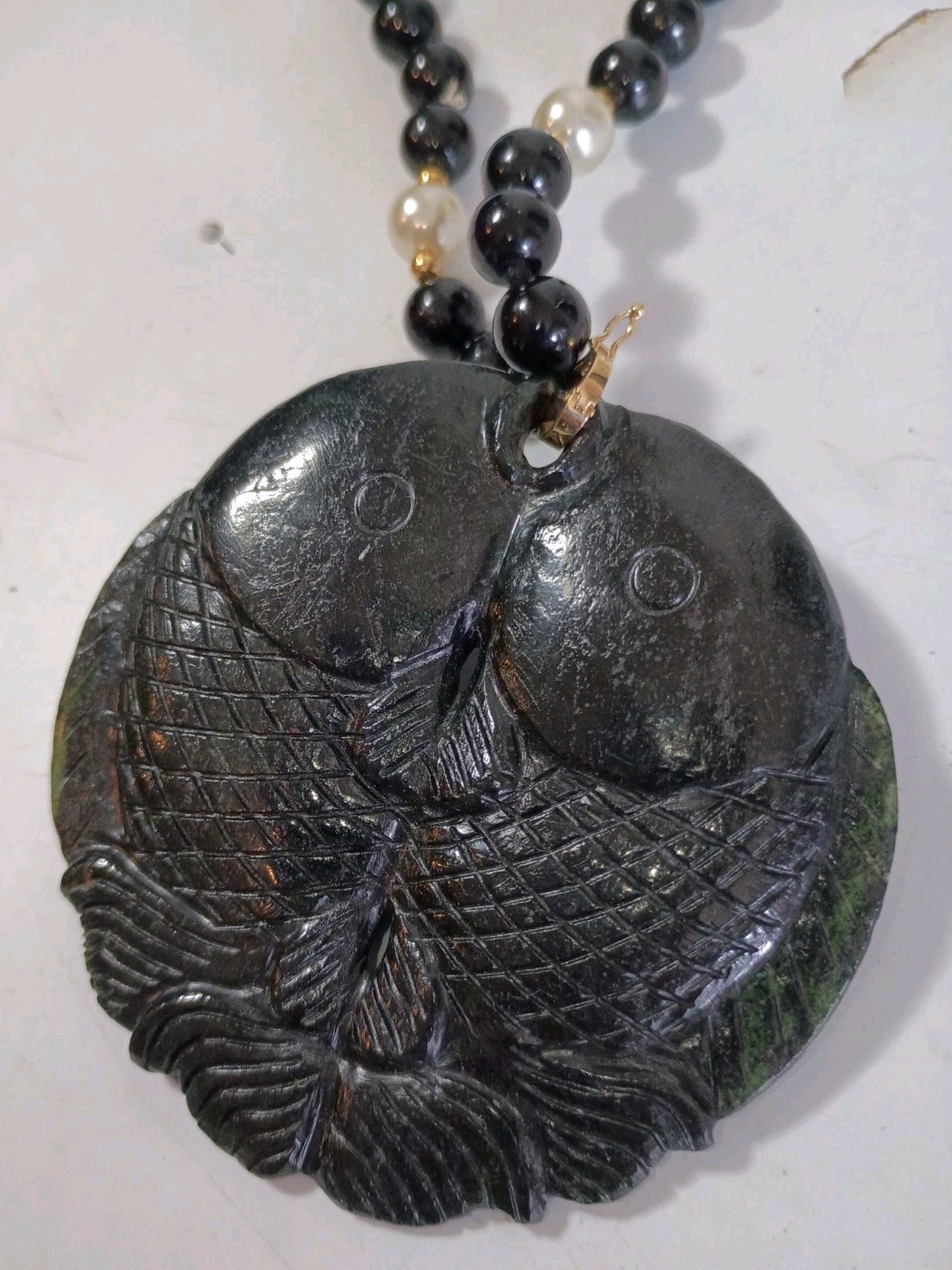 Estate Black Jade 14K Gold Pearl Double Koi Fish Beaded Necklace 28″