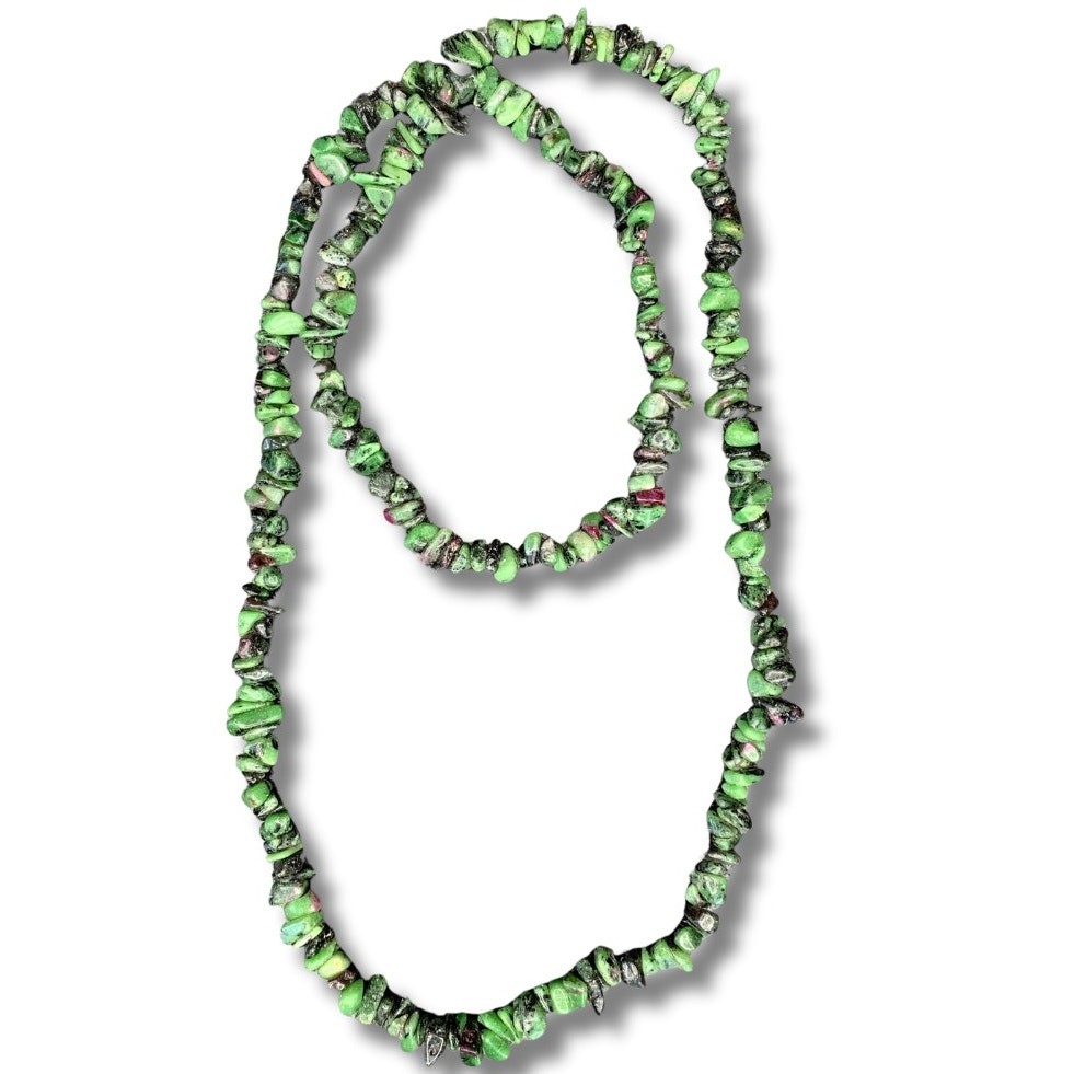 Natural Ruby Zoisite Long Gemstone Necklace | 32” Green Stone Strand