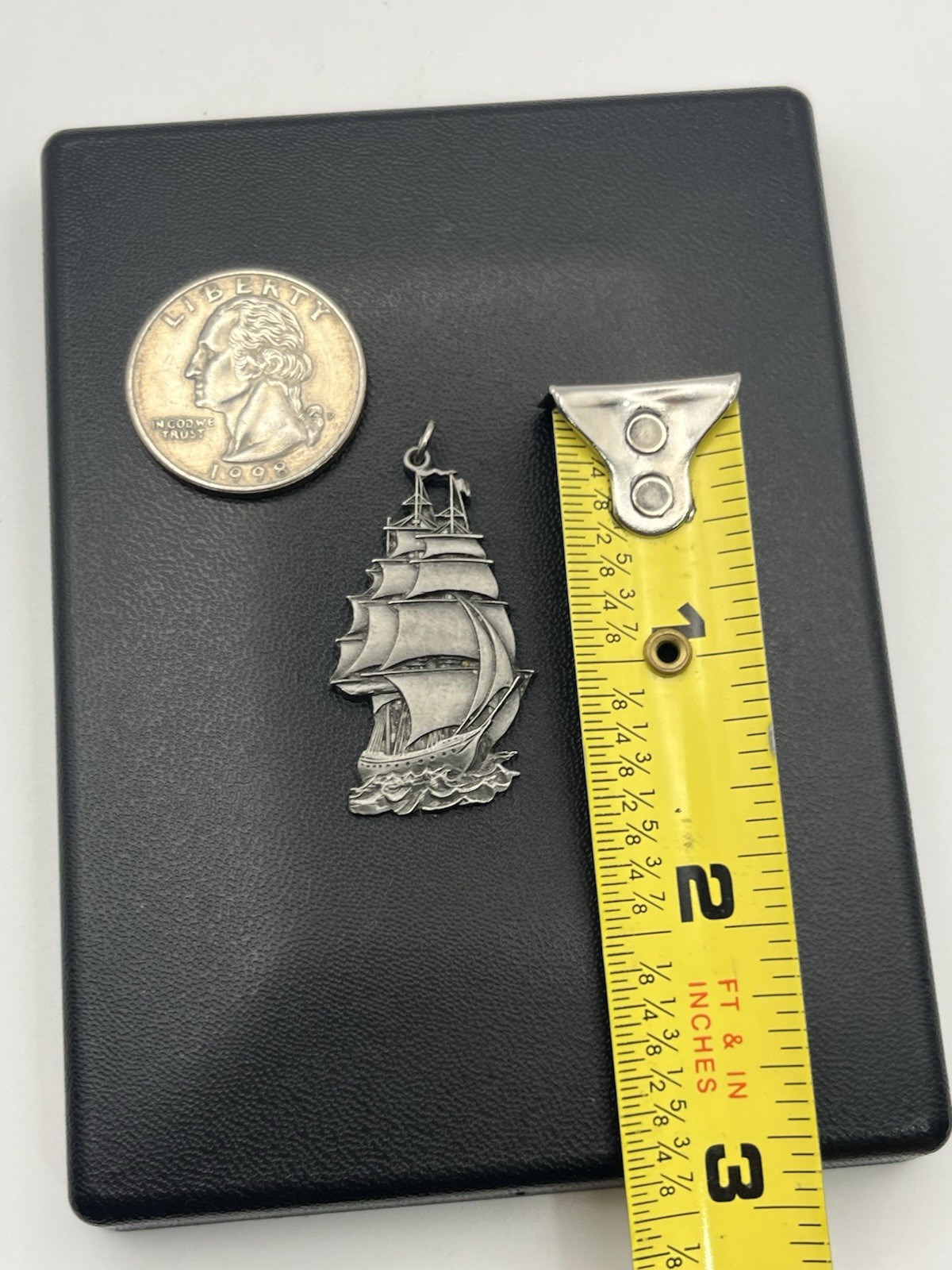 Tall pirate ship silver tone nautical sail boat pendant for necklace vintage