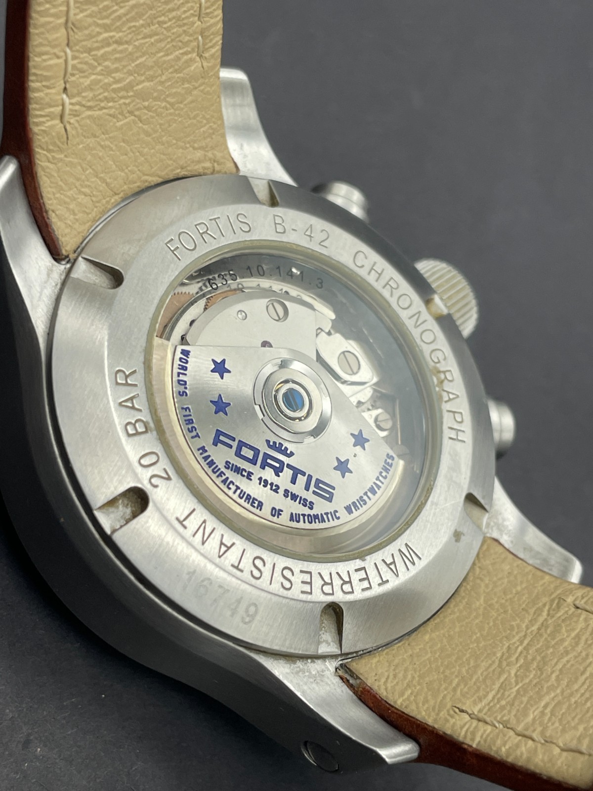 Fortis Pilot B42 Valjoux 7750 Chronograph Watch Black Dial Brown Strap $2895