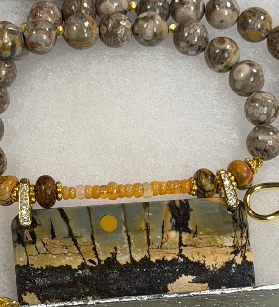 CHERRY CREEK JASPER PENDANT WITH CRINOID FOSSIL & ETHIOPIAN OPAL BEAD NECKLACE