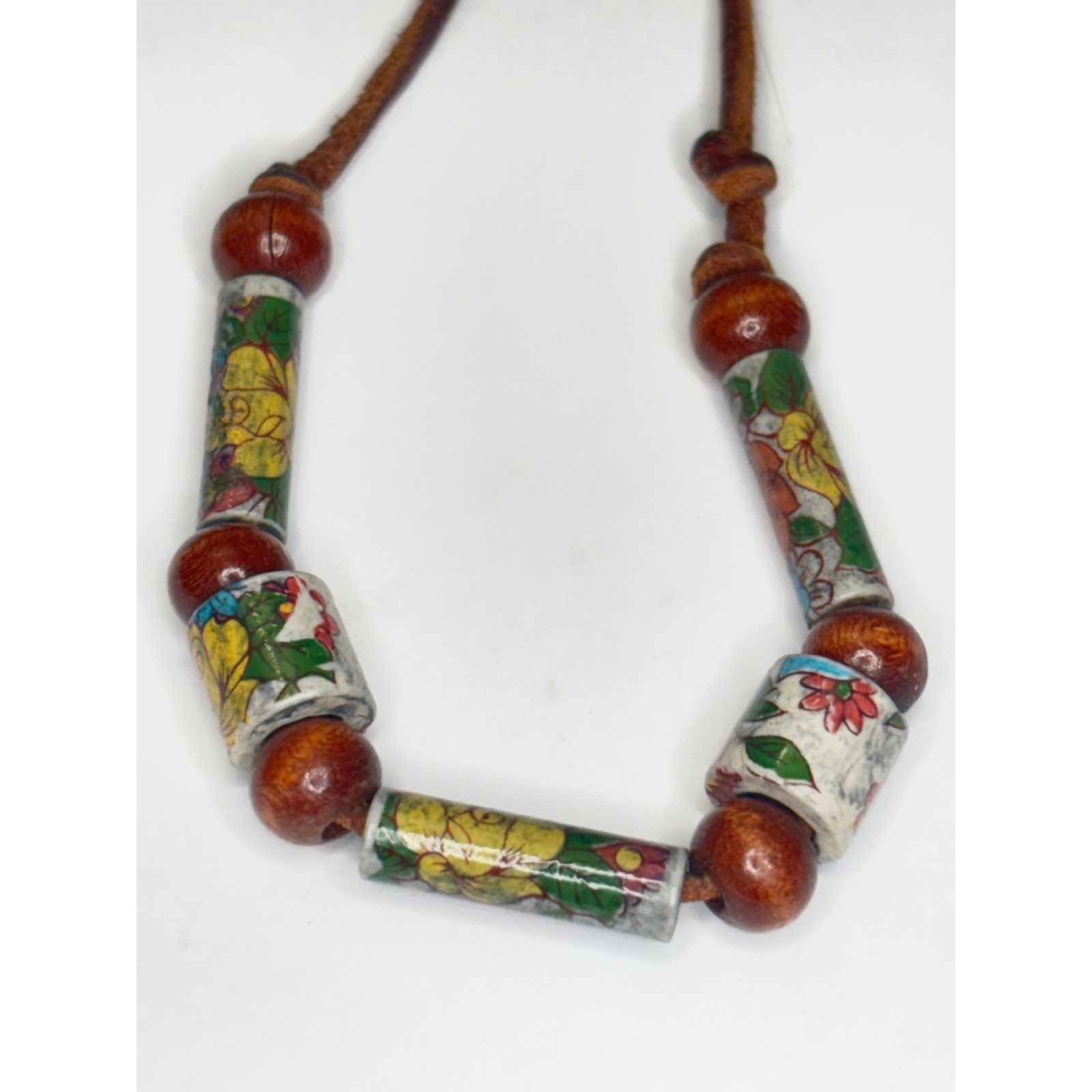 Vintage Floral Hand Painted Ceramic & Wood Bead Leather Cord Necklace 17″