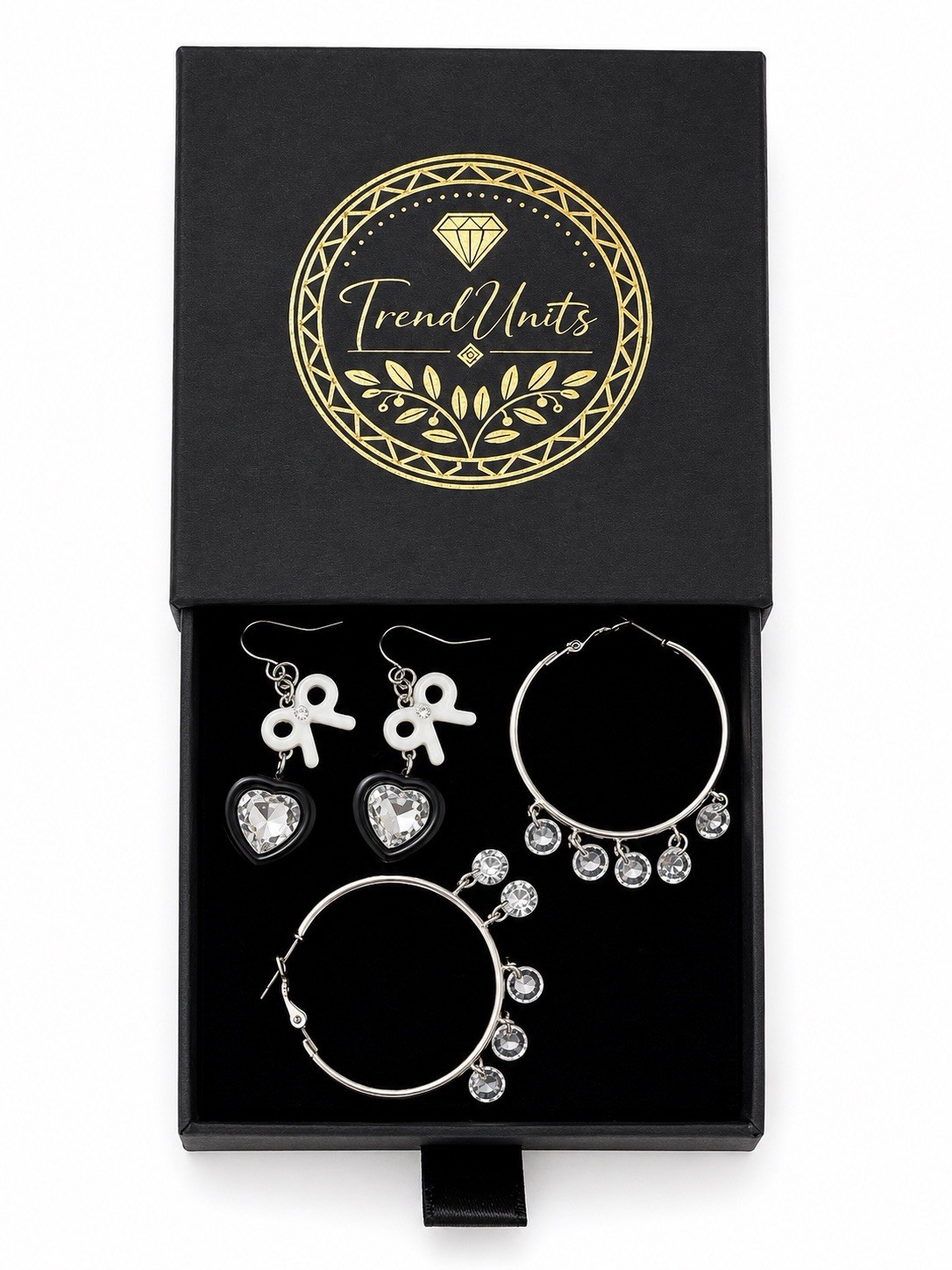 2 Pair Women’s Earrings Set Crystal Heart & Hoop Dangle Gift Box Included