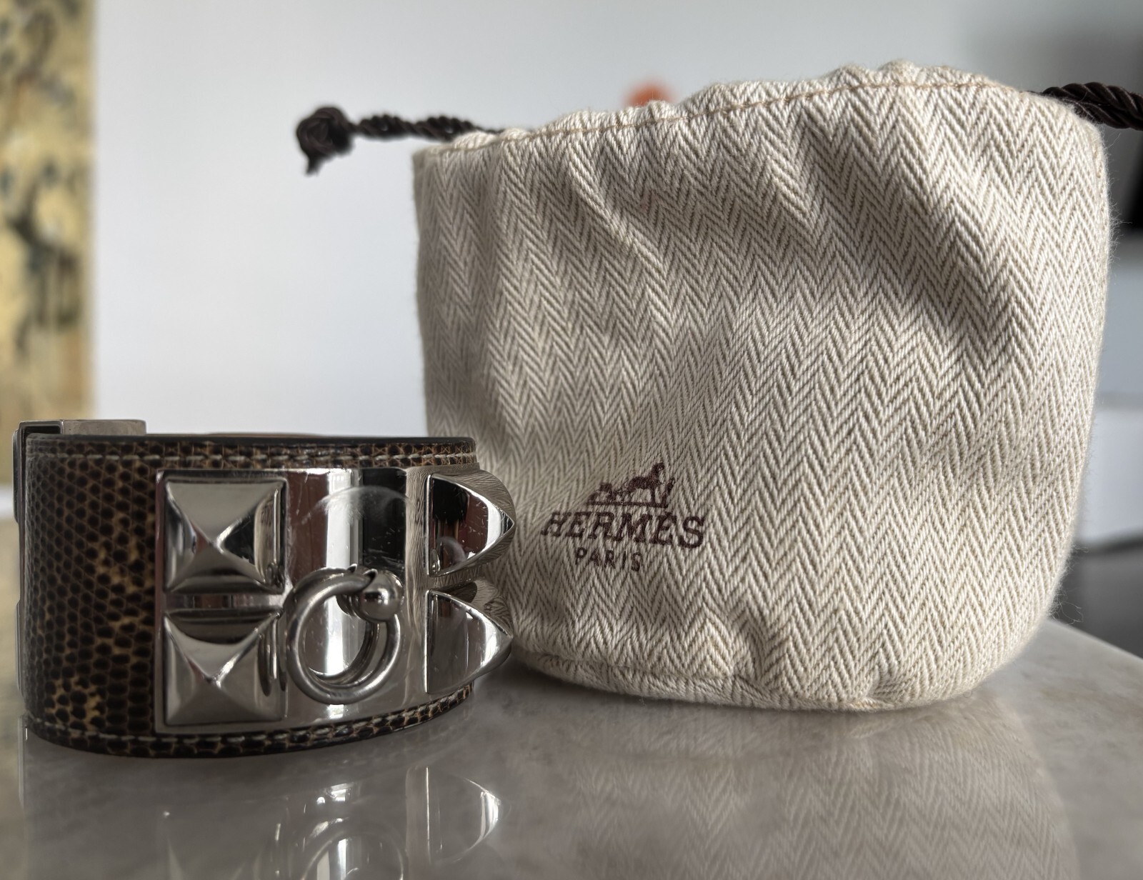 Hermès Collier de Chien Lizard Leather Genuine Leather Palladium Bracelet S