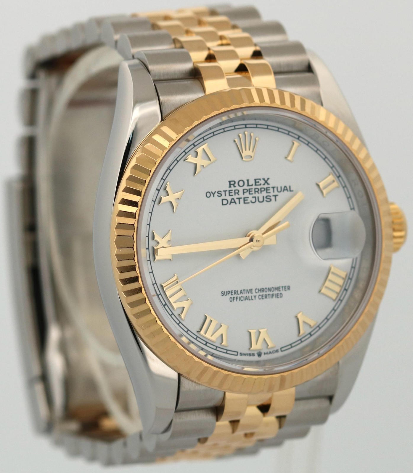 Rolex DateJust 36 WHITE ROMAN 18K Yellow Gold Steel JUBILEE Fluted 36mm 126233