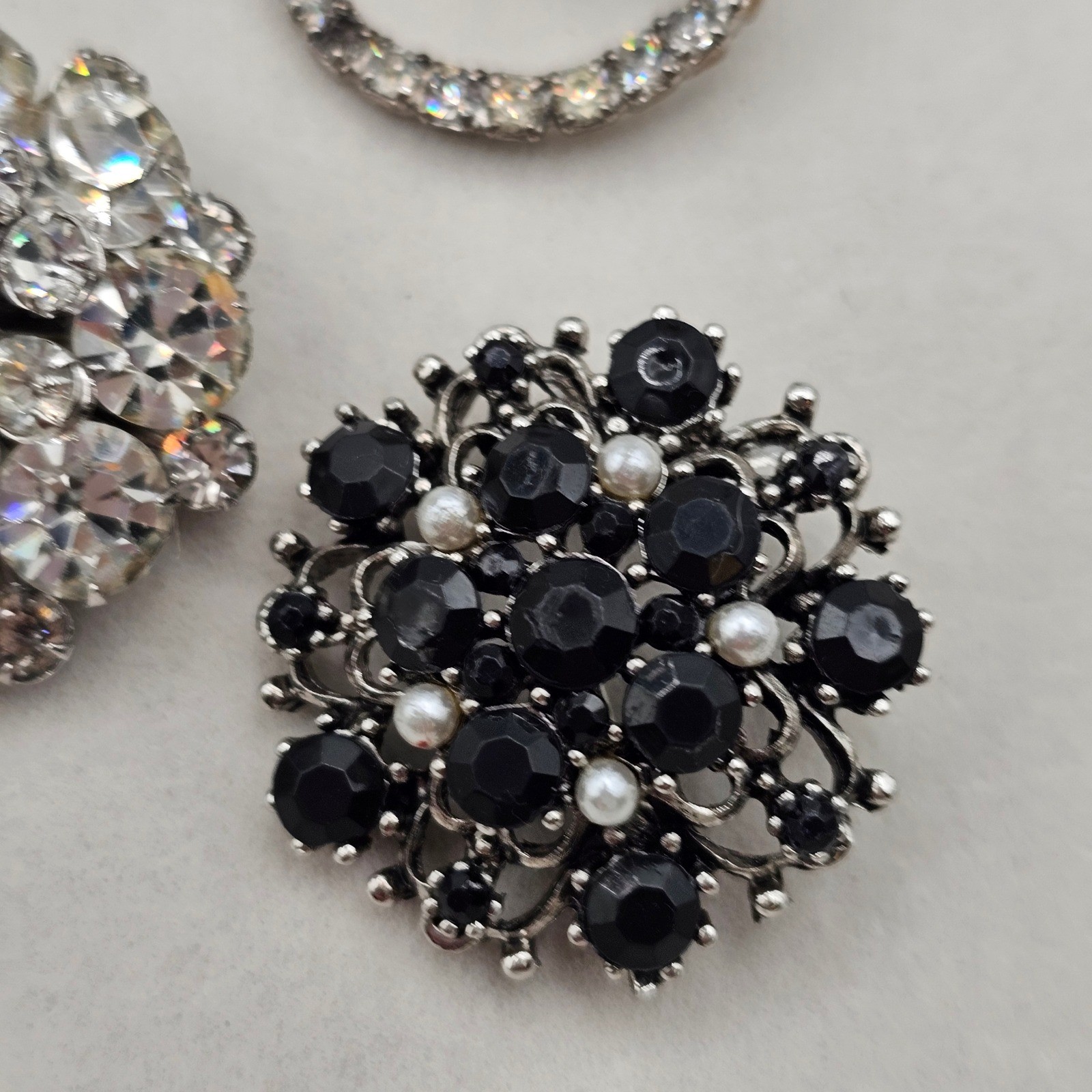 Clear & Black Rhinestone Brooch Lot 5pc Silver Tone Mixed Styles Formal Pins
