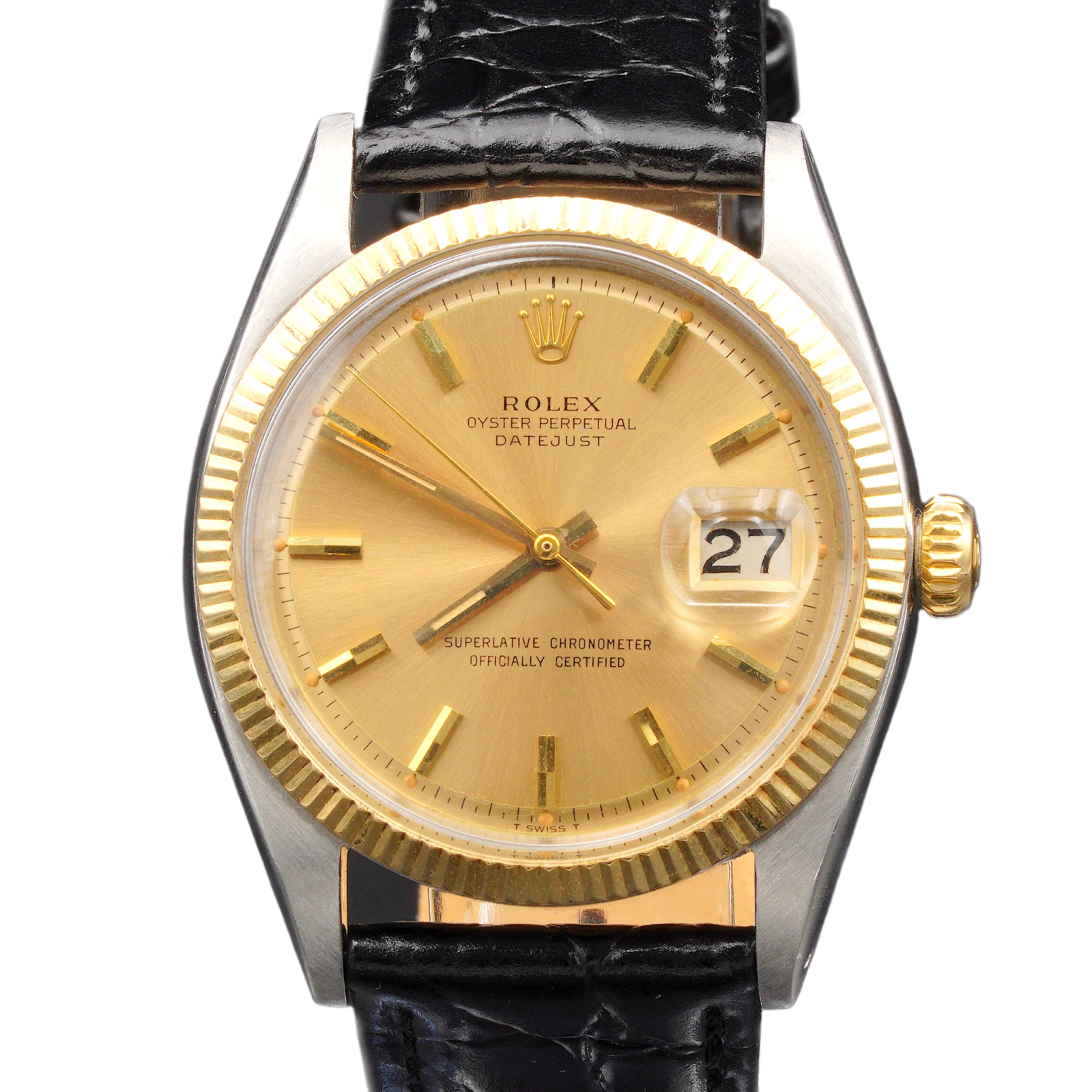 Vintage Mens Rolex Datejust 1601 Two-Tone Watch Gold Champagne Dial Black Strap