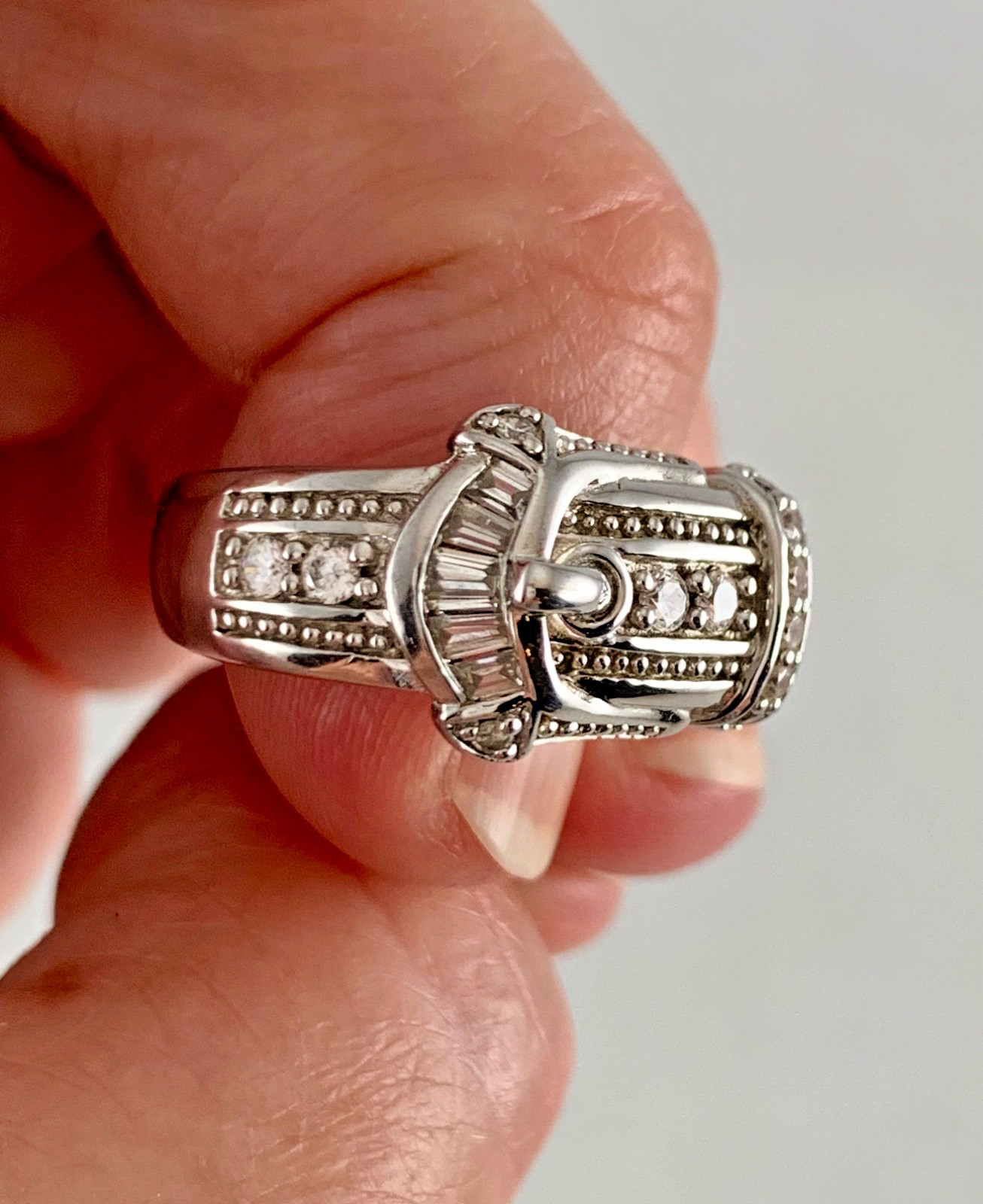 Victoria Wieck Solid Sterling CZ Buckle Ring Sz. 6.75”