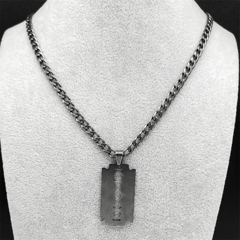 Blade Razor Necklace Pendant Stainless Steel Chain Men’s Box Men Silver 20 Cuban