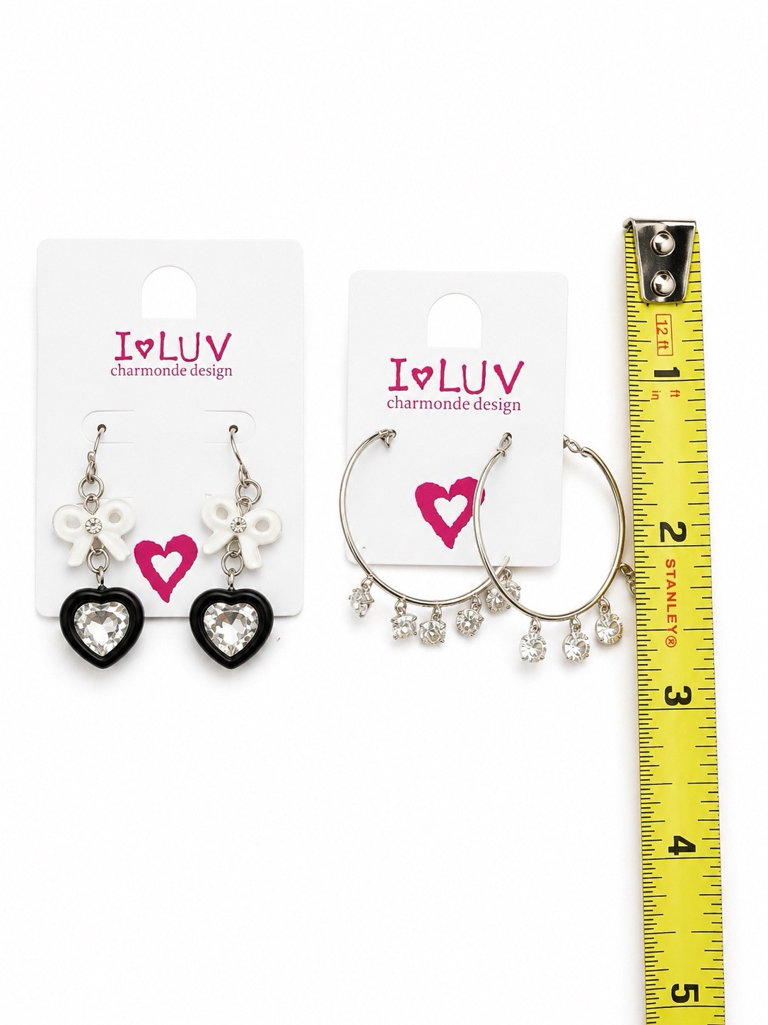 2 Pair Women’s Earrings Set Crystal Heart & Hoop Dangle Gift Box Included