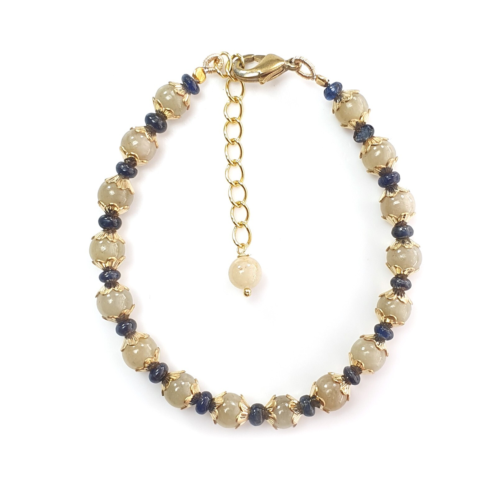 58.85cts Yellow & Blue Sapphire Round Shape 4m-6mm Plain Beads Brass Bracelet 6″