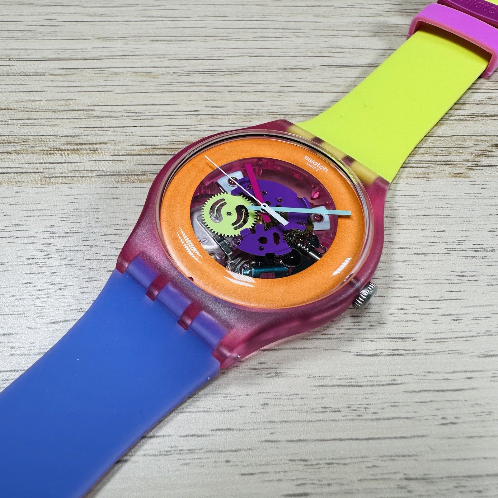 NEW✅ Swatch Dip In Color Orange Skeleton Dial Yellow and Purple Silicone Watch