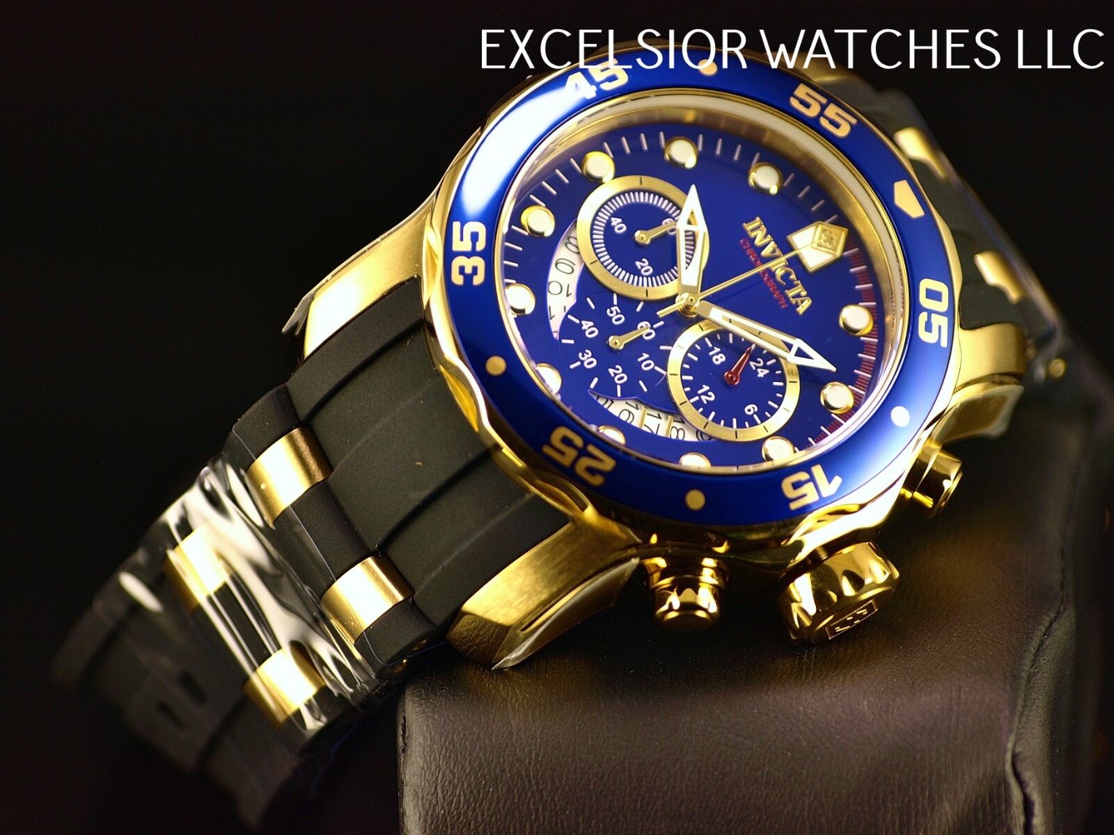 Invicta Mens 48mm PRO DIVER SCUBA Chronograph BLUE Dial 18K Gold Plated SS Watch