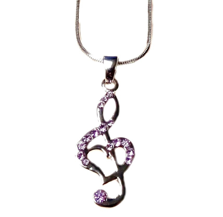 Silver Tone Purple Amethyst Crystal Treble G Clef Music Note Heart Necklace