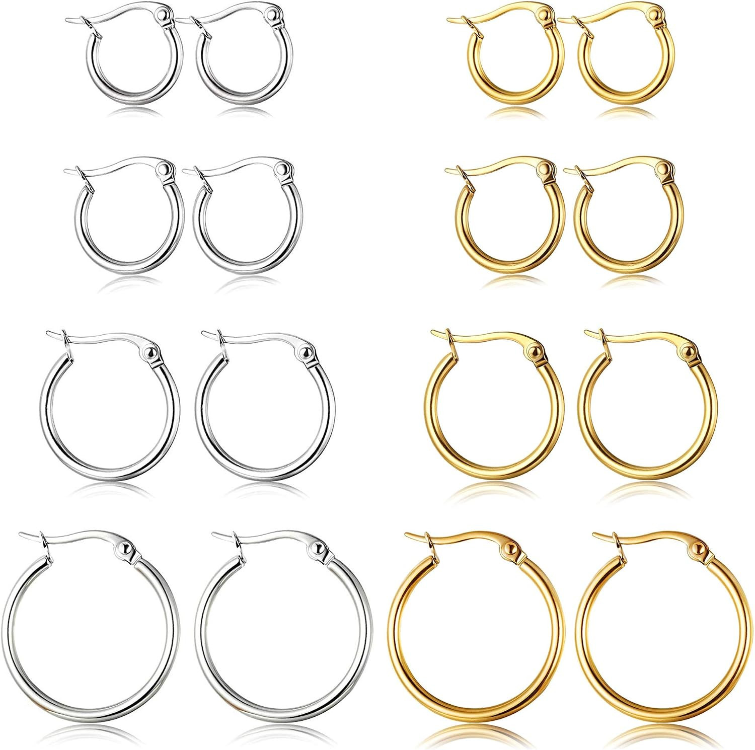4 Pairs Stainless Steel Hoop Earrings Set Cute Huggie Earrings for Women,10Mm-20