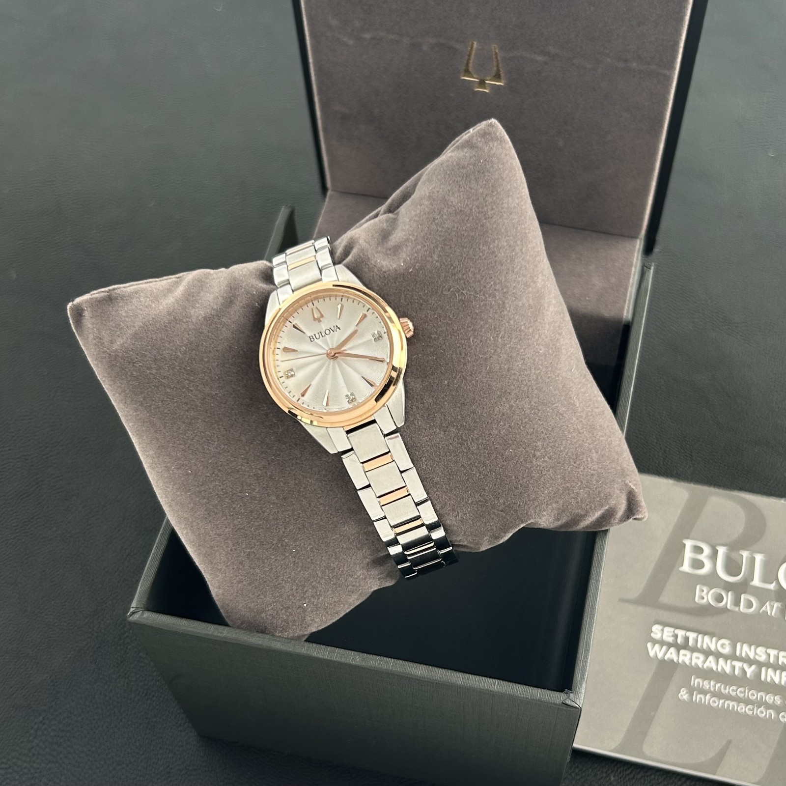 Bulova Sutton Diamond White/Rose Gold Dial Women’s 28mm Quartz Watch 98P200