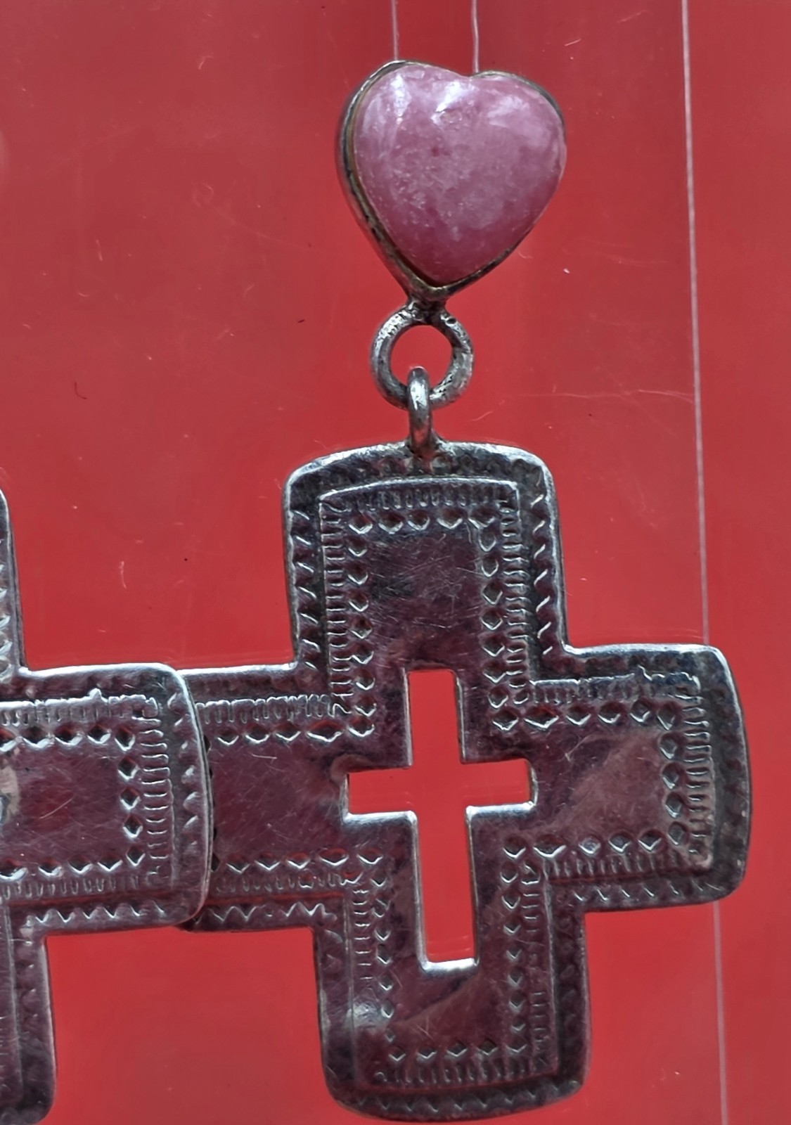 Sterling Silver Stamped Cross Pink Heart Dangle Earrings
