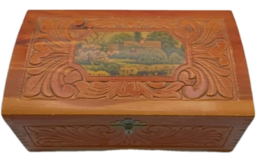 Hand Carved Cedar Wood Jewelry Trinket Box with Mirror, Finger Joint, New Lock
