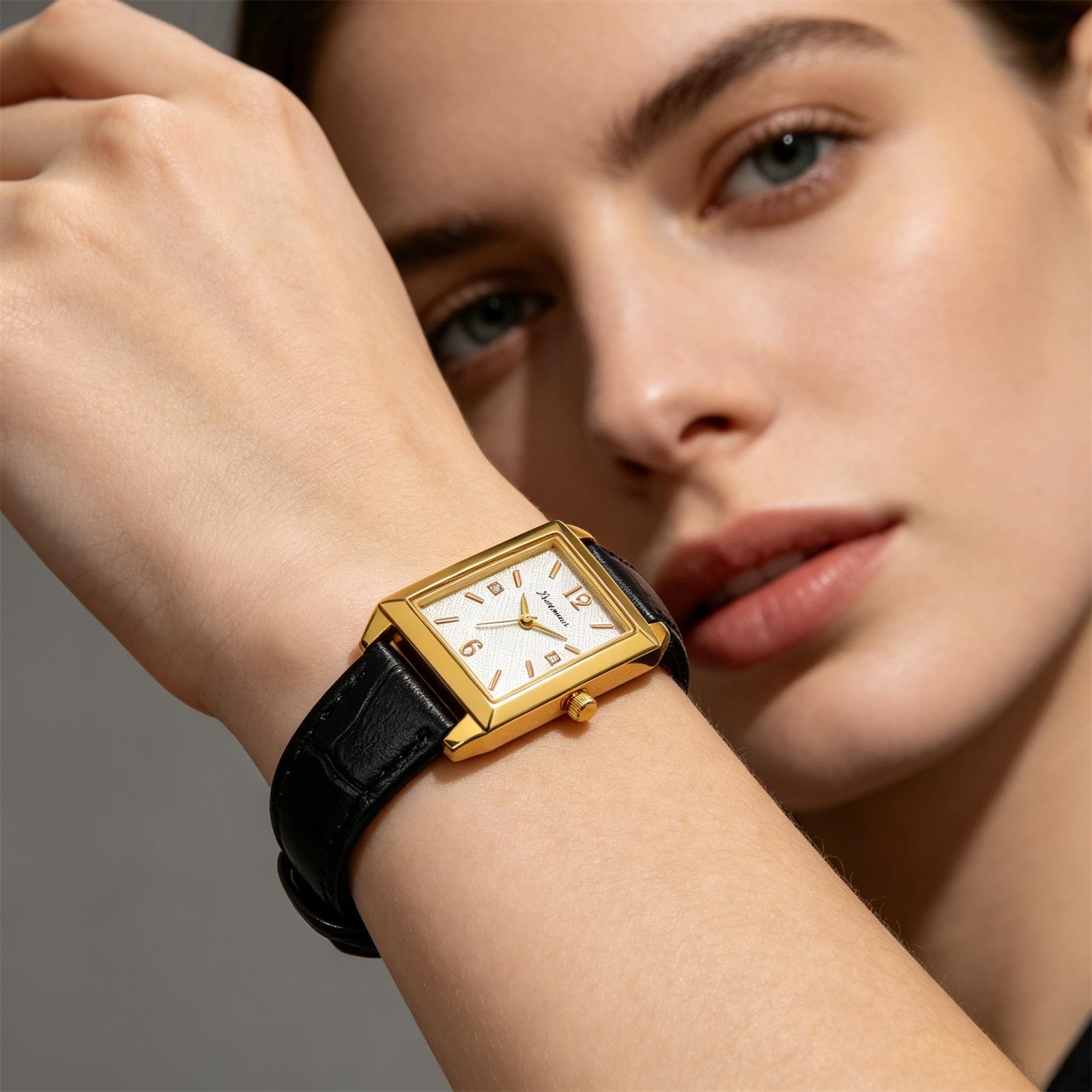 Women Business Rectangle Rhinestone PU Leather Band Wrist Watch for Daily Office