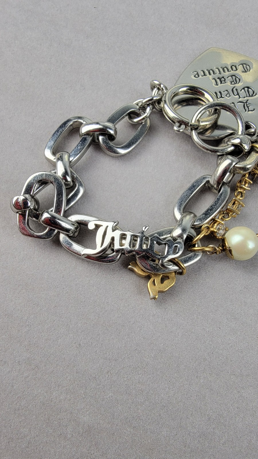 Vintage Juicy Couture Charm Bracelet Let Them Eat Couture Silver Tone 7″