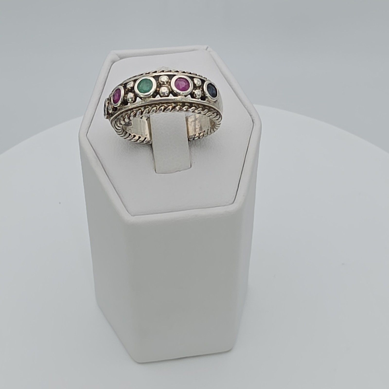 Vtg PRANDA Genuine Ruby Emerald Sapphire Ring 925 Sterling Silver Thailand Sz 8