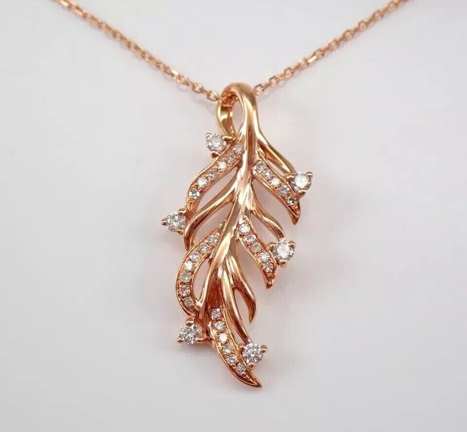 14k Rose Gold Plated In Round Cut Simulated Diamond Women’s Leaf Shape Pendant