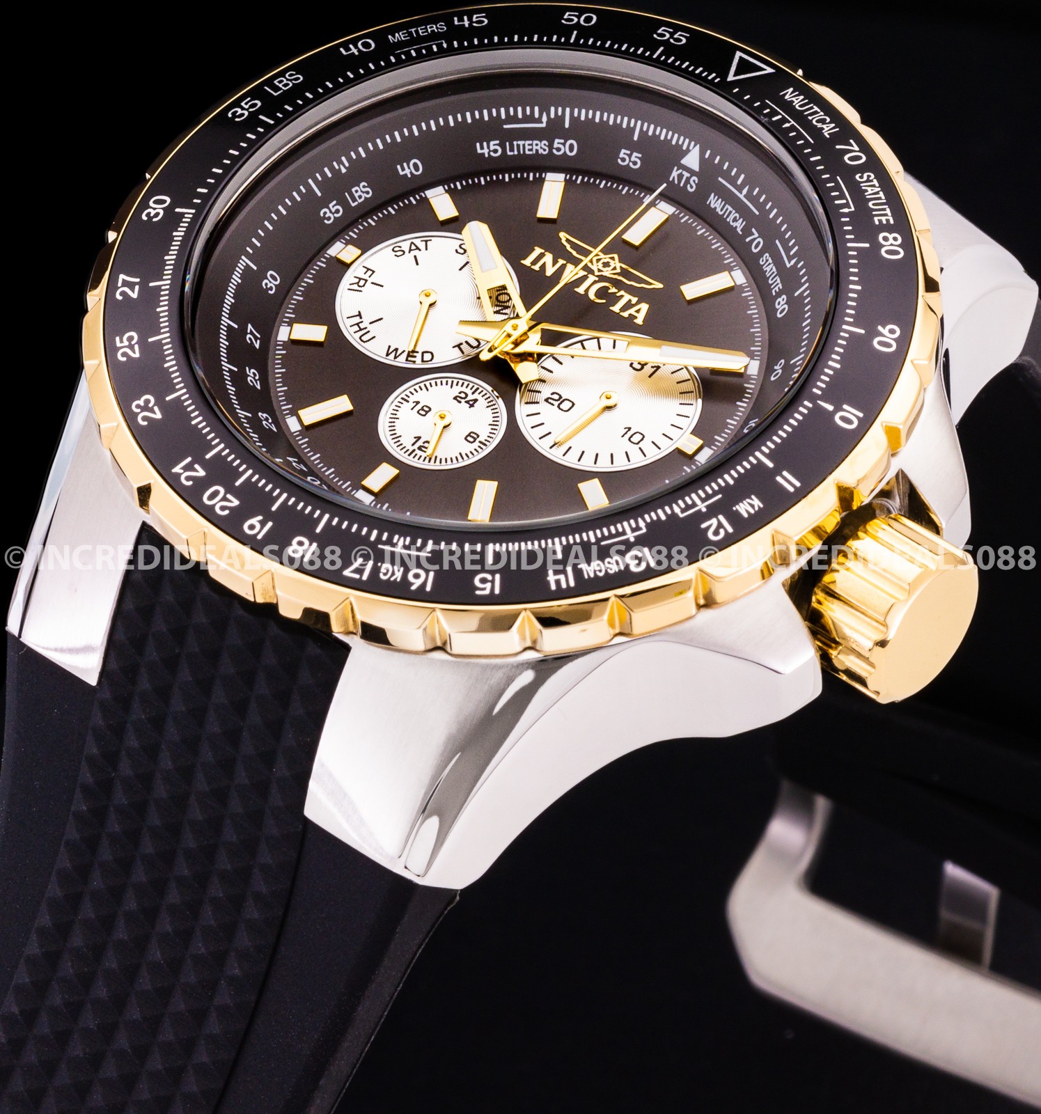 Invicta Men AVIATOR Silver 18 Gold Bezel Black Dial Strap Multi Function Watch