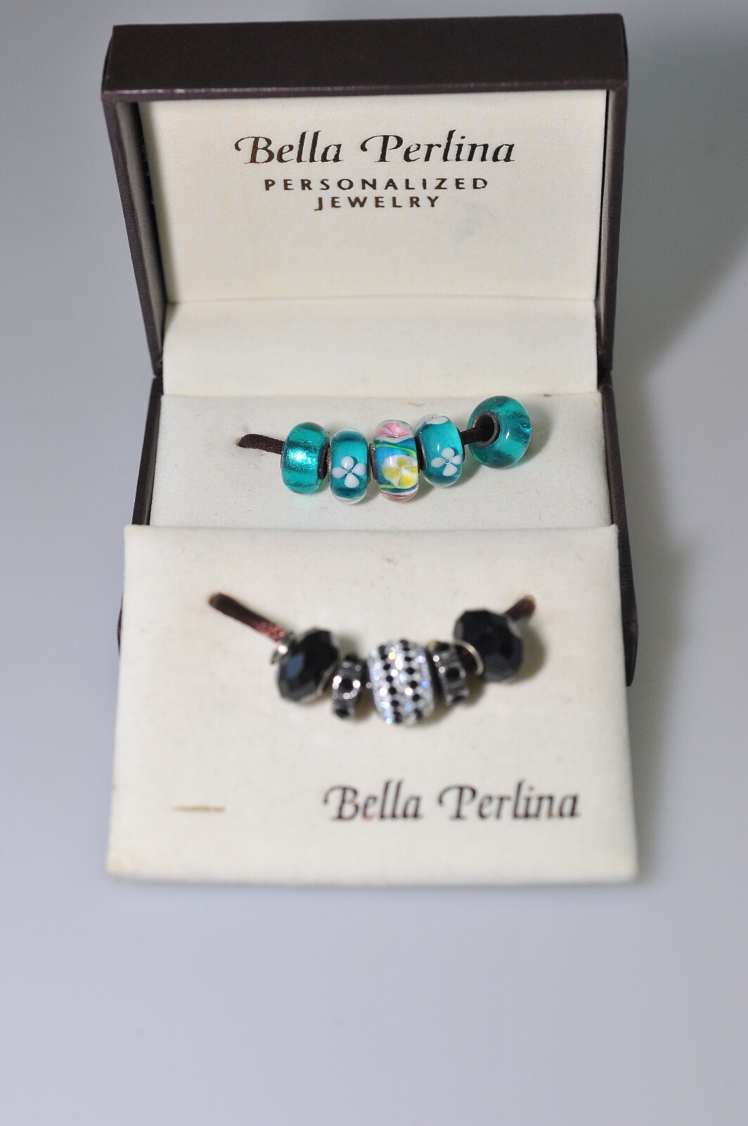 Bella Perlina Charm bracelet LOT blue turquoise black glass crystal PQ