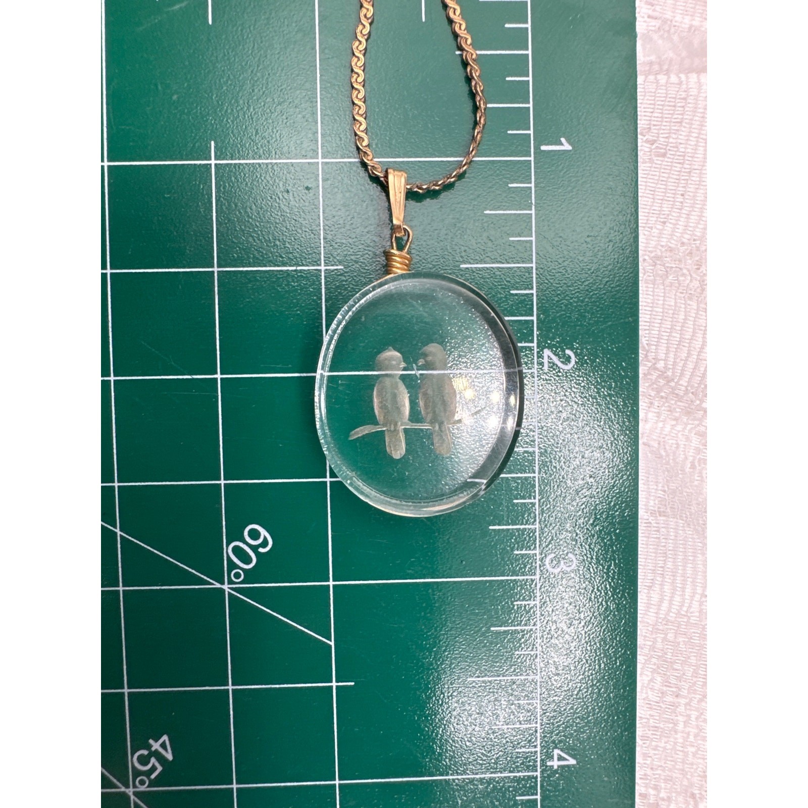 Vintage Gold Filled Intaglio Glass Clear Bird Pendant Chain Necklace