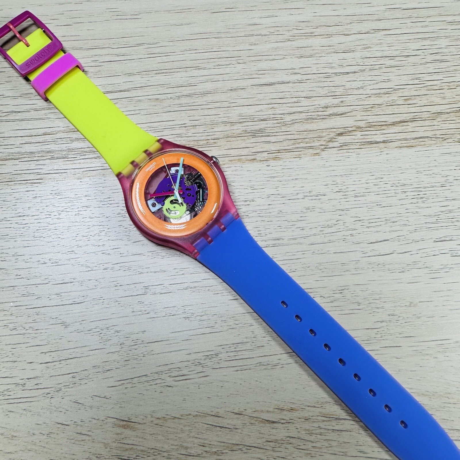 NEW✅ Swatch Dip In Color Orange Skeleton Dial Yellow and Purple Silicone Watch